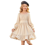 Kid Girl Square Collar Horn Long-sleeved Ruffle Big Swing Dresses