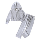 1-12T Kid Girl Autumn Winter Casual Velvet Hooded Solid Suit 2 Pcs Set