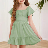 Kid Girl Summer Solid Halter Pleated Casual Dress