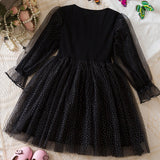 Kid Girls Long-sleeved Korean Version Bubble Sleeve Mesh Christmas Dresses