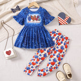 Kid Girls Summer Independence Day Peace Love Full Print 3 Pcs Set