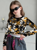 Fashion Versatile High Quality Checked Girls Short Crew Neck Long Sleeves