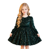 2-6Y Kid Baby Girls Sequined Velvet  Long Sleeve Big Bow Fluffy Princess Dresses