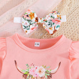 Baby Girl Fashion Casual Bull Head Printing Long-sleeved Flared 3 Pcs Sets