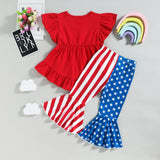 Independence Day Kid Baby Girl Fly Sleeve Love Star Stripe Flared 2 Pcs Set