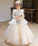 2-12T Kid Girls Catwalk Champagne Long-sleeved Birthday Princess Dresses