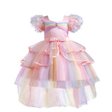 Kid Girls Colorful Mesh Trailing  Bubble-sleeved Dresses