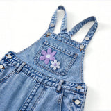 7-12Y Kid Girl Flower Embroidered Denim Overalls Casual Personality Jumpsuit Pants