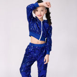 2-12Y Kids Girls Outfits Shiny Hooded Zipper Sequin Tops+Bottoms 2 Pcs