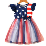 Independence Day Kid Baby Girl Star Stripe Print Fly-sleeved Mesh Dress