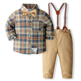 1-6Y Kid Baby Boys Plaid Overalls Autumn British Gentlemen Suits 4 Pcs Set