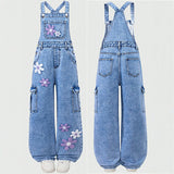 7-12Y Kid Girl Flower Embroidered Denim Overalls Casual Personality Jumpsuit Pants