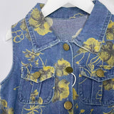 Kid Baby Girls Denim Floral Print Waist-cinched Lapel Vest Dress
