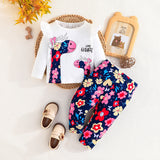 Baby Girl Ins Giraffe Letter Flower Long-sleeved 2 Pcs Sets