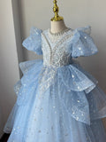 Kid Girl Blue Princess Fluffy Yarn Birthday Host Catwalk Dresses