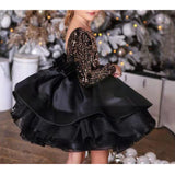 Kid Girl Black Sequined Princess Backless Host Long-sleeved Dresses