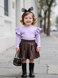 Children's Clothing Girls' Turtleneck Knitted Ribbed Long-sleeved Top Pleated Leather Skirt Two-piece Set