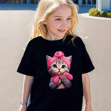 3-8Y Kid Girl Cat Wearing Bow Print Summer Short-sleeved T-shirt