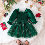 Kid Baby Christmas Cable Bubble Sleeve Splicing Mesh Dress