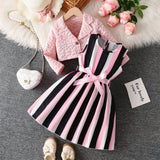 3-10Y Kid Girls Vertical Striped Lapel Jacquard Suit 2 Pcs Set