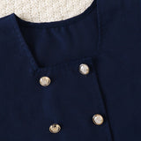 5-14Y Kid Girl Suit Dark Blue White Long-sleeved Suit 3 Pcs Set