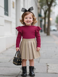 Children's Clothing Girls' Turtleneck Knitted Ribbed Long-sleeved Top Pleated Leather Skirt Two-piece Set