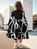 INS Girl Floral Print Decorative Long Sleeve Stand-Up Neck Bubble Sleeve Simple Dress