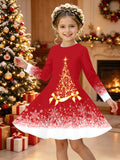 3-12Y Kid Girl Christmas Autumn Winter Long Sleeve 3D Printing Dresses