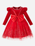 3-8Y Kid Girl Christmas Red Long Sleeve Bubble Sleeve Bow Dresses