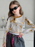 Fashion Versatile High Quality Checked Girls Short Crew Neck Long Sleeves