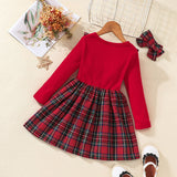 Kid Girl Plaid Long-sleeved Version Christmas Bow A-shaped Dress