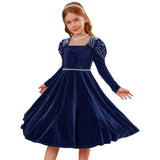 Kid Girl Princess Pearl Waist Velvet Host Performance Long Sleeves Dresses