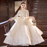 2-12T Kid Girl Champagne Long-sleeved Catwalk Puffy Gauze Dresses