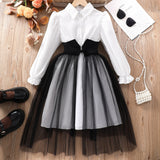 Kid Girls Long-sleeved Lapel Waist Seal Mesh Splicing Pleated Dresses
