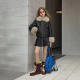 2-10T Kid Girls Leather Fur Collar Jacket Pleated Suits 2 Pcs Set
