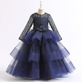 4-14T Kid Girl Long Sleeve Mesh Fluffy Princess Piano Host Birthday Dresses