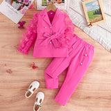 Kid Girls Long-sleeved Bow Mesh Sleeves Blazer 2 Pcs Set