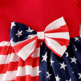 3 Pcs/Set Baby Girl Red And White Strip Star Splicing Independence Day Dress