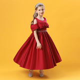 Kid Girl Satin Princess Pleated Long Detachable Temperament Hosting Dresses