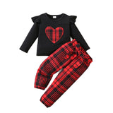 18M-6Y Kid Baby Girls Spring  Autumn Valentine's Day Plaid Love Embroidery 2 Pcs Set
