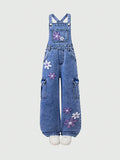 7-12Y Kid Girl Flower Embroidered Denim Overalls Casual Personality Jumpsuit Pants