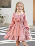 Kid Girl Square Collar Horn Long-sleeved Ruffle Big Swing Dresses