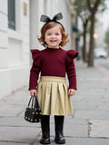 Children's Clothing Girls' Turtleneck Knitted Ribbed Long-sleeved Top Pleated Leather Skirt Two-piece Set