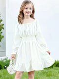 Kid Girl Square Collar Horn Long-sleeved Ruffle Big Swing Dresses