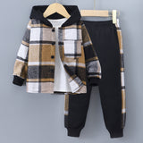 Boys and Children's New Long-sleeved Plaid Contrasting Color Hooded Two-piece Suit