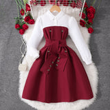 Girls' Long-sleeved Lapel Button-splicing Fashionable Contrasting Simple Dress