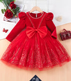 3-8Y Kid Girl Christmas Red Long Sleeve Bubble Sleeve Bow Dresses