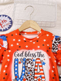 Independence Day Girls English Alphabet Print Short Sleeve Flared Pants Set