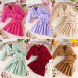 Baby Girl Sweet Lapel Long Sleeves Solid Color Suspender 2 Pcs Sets