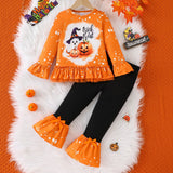1-8Y Kid Girls Halloween Pumpkin Lantern Ghost Ruffle Flared Suit 2 Pcs Set